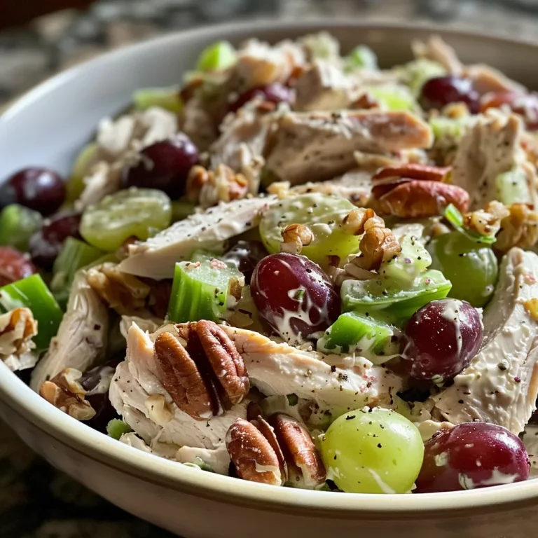 Close-up view of a vibrant California Chicken Salad featuring grapes, walnuts, and celery.