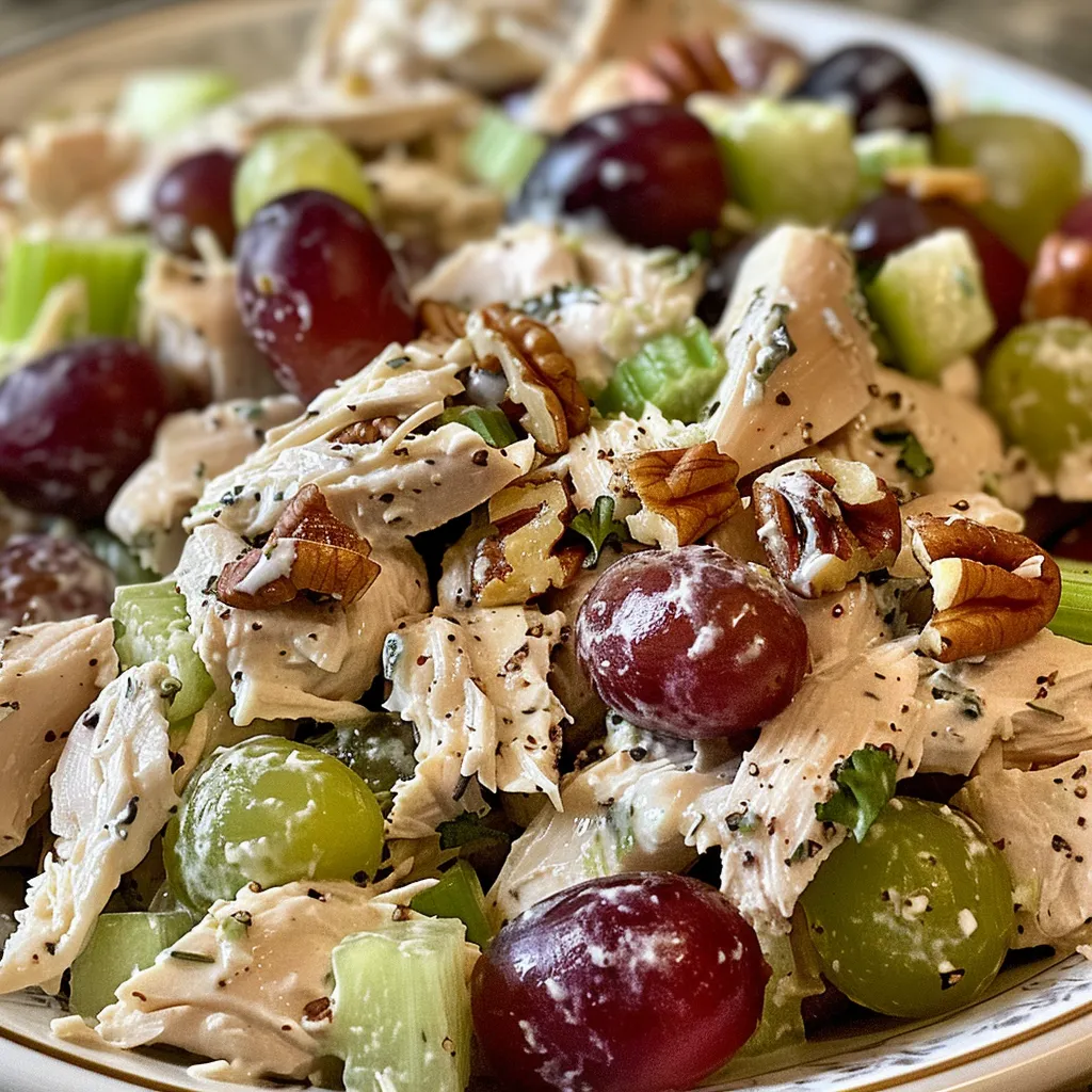 Side view of a colorful California Chicken Salad with green onions and celery.