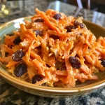 Close-up of a vibrant carrot raisin salad in a bowl.