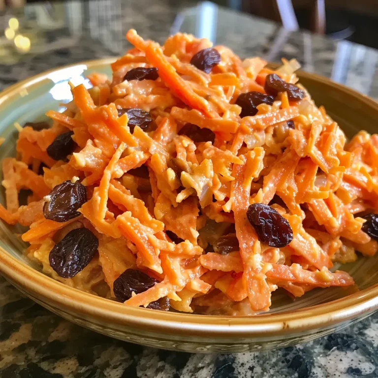Close-up of a vibrant carrot raisin salad in a bowl.