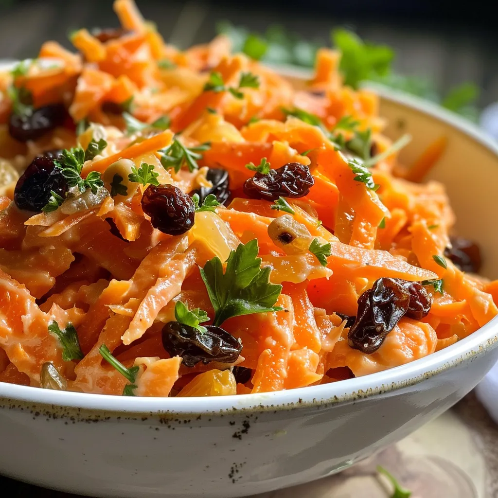 Side view of a colorful salad with grated carrots and raisins.