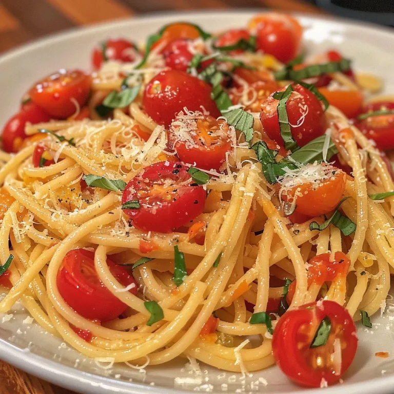 Close-up of cherry tomato pasta with vibrant colors and fresh herbs.