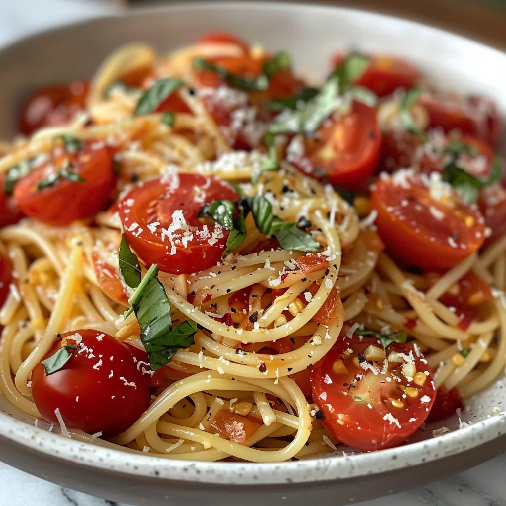 Side view of a plate of pasta featuring halved cherry tomatoes and Parmesan.
