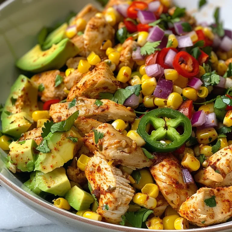 A close-up view of a colorful Chicken Avocado Corn Salad in a bowl.