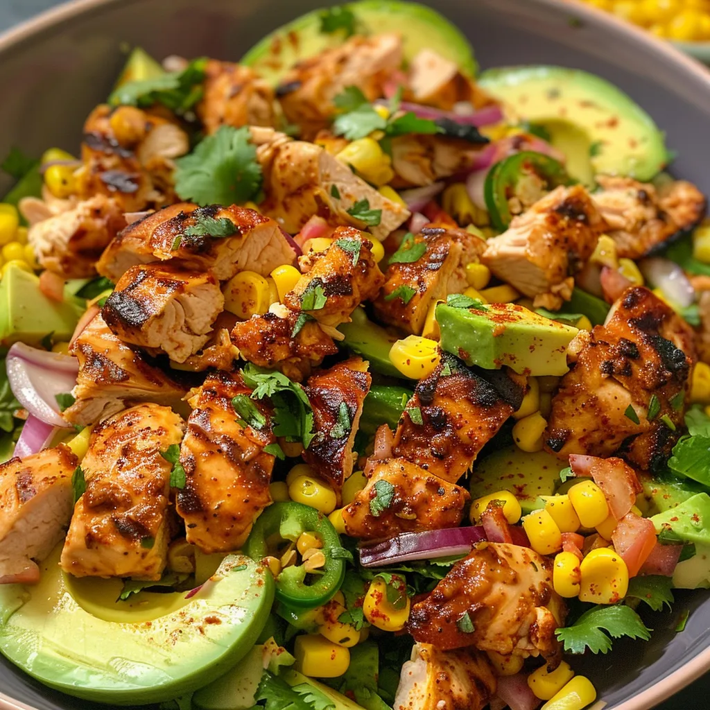 Juicy Chicken Avocado Corn Salad featuring diced avocados, corn, and chicken.