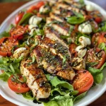 Close-up view of juicy Chicken Caprese Salad with lettuce, tomatoes, and mozzarella.