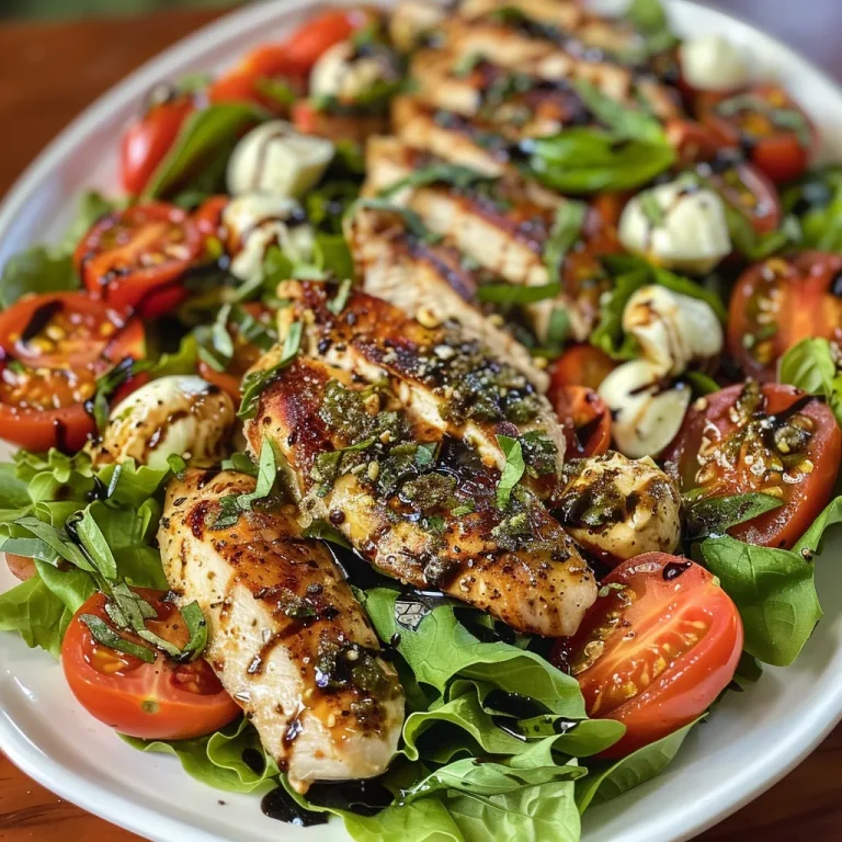 Close-up view of juicy Chicken Caprese Salad with lettuce, tomatoes, and mozzarella.