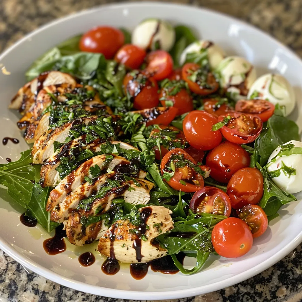 Vibrant Chicken Caprese Salad featuring sliced chicken, fresh veggies, and mozzarella balls.