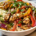 A close-up side view of a Chicken Fajita Bowl with vibrant bell peppers and chicken pieces.