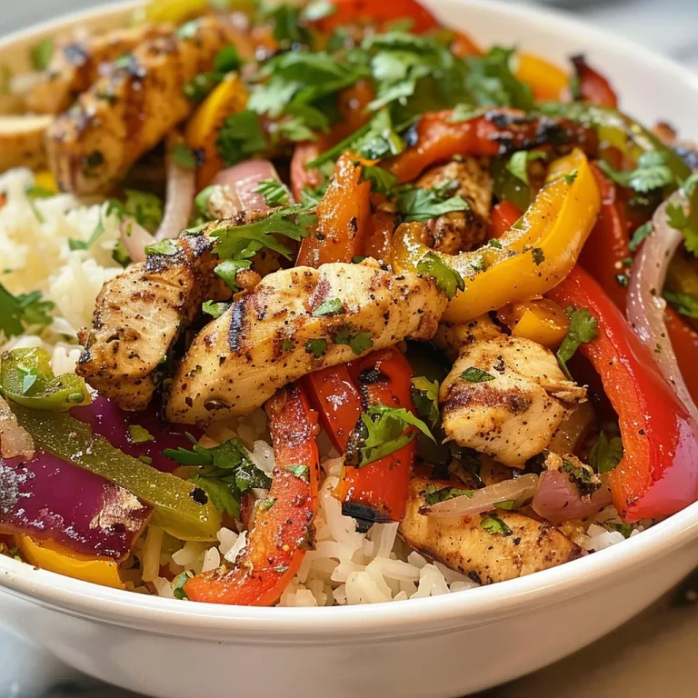 A close-up side view of a Chicken Fajita Bowl with vibrant bell peppers and chicken pieces.
