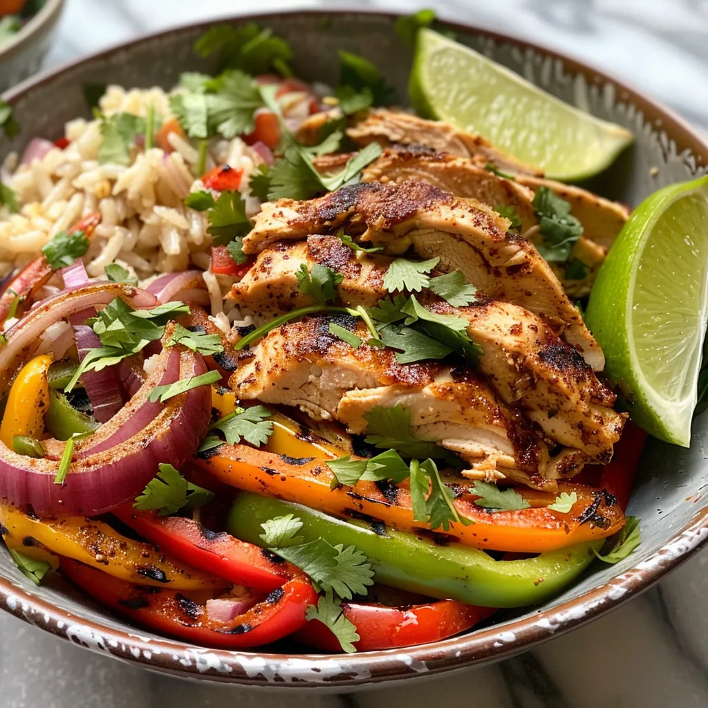 Juicy Chicken Fajita Bowl featuring colorful vegetables and lime on a wooden table.