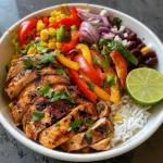 Close-up view of a colorful Chicken Fajitas Bowl featuring sliced chicken, peppers, and rice.