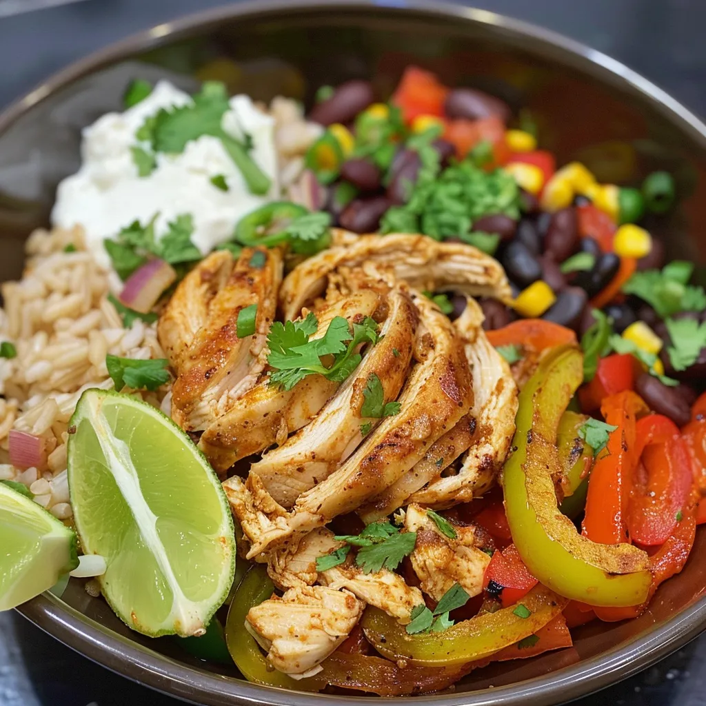 Side view of a Chicken Fajitas Bowl with vibrant vegetables and toppings, served in a white bowl.