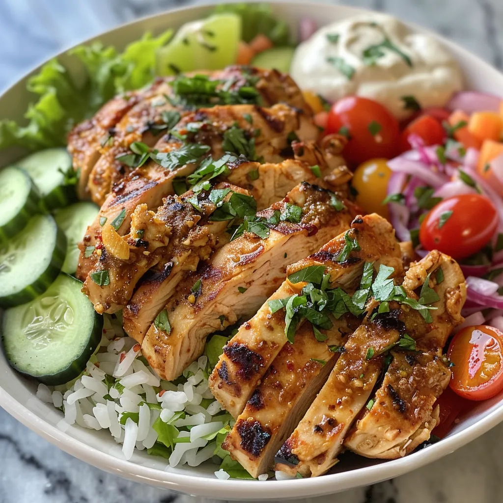 A side view of a colorful Chicken Shawarma Bowl with vibrant vegetables and creamy sauce.