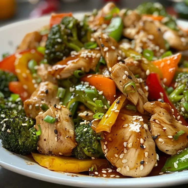 Close-up of juicy chicken stir-fry with colorful vegetables.