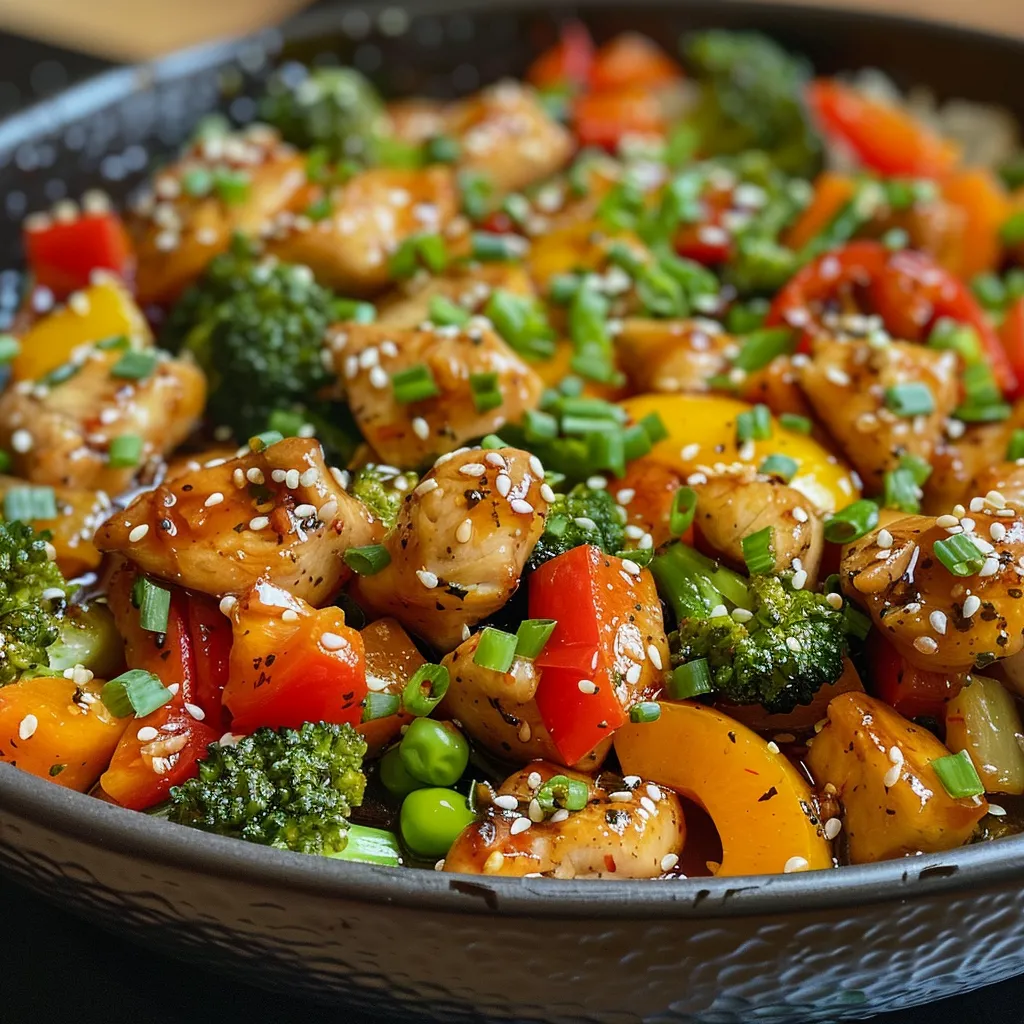 Side view of a vibrant chicken stir-fry featuring assorted vegetables.