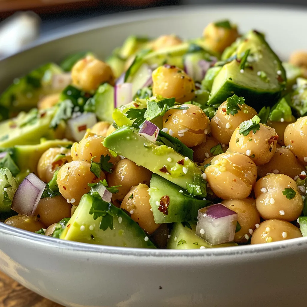 Juicy salad featuring chickpeas, cucumber, and avocado with a chili lime dressing.