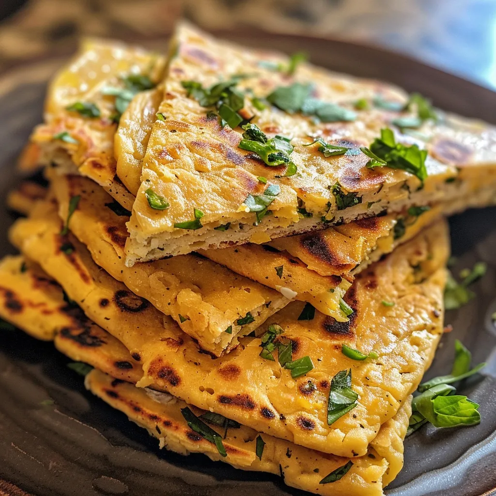 Side view of a flaky flatbread made from chickpea flour and cottage cheese, showcasing its texture.