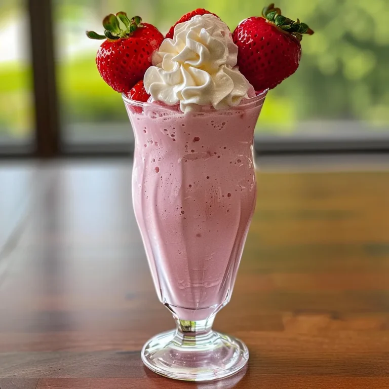 Close-up view of a classic strawberry milkshake in a glass, topped with whipped cream and a fresh strawberry.