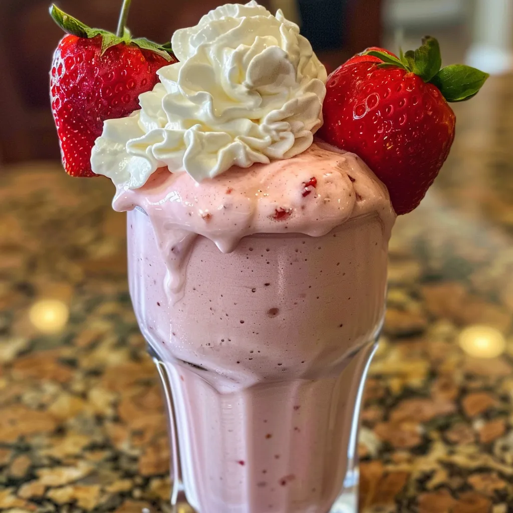 Side view of a delicious strawberry milkshake, creamy and pink, garnished with whipped cream.