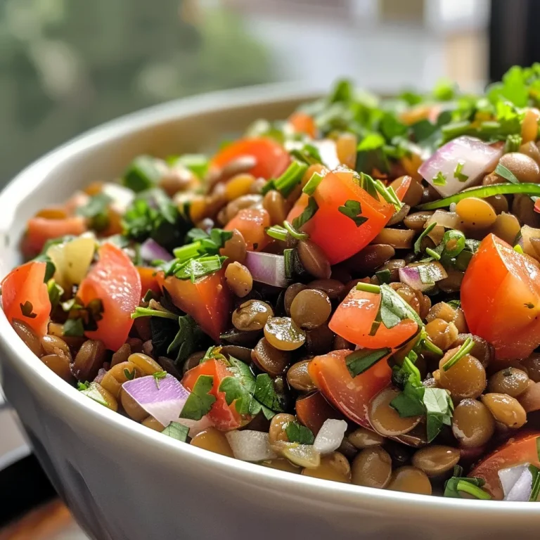Close-up of a vibrant cold lentil salad with colorful vegetables.