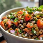 Close-up of a colorful cold lentil salad with vibrant vegetables and herbs.