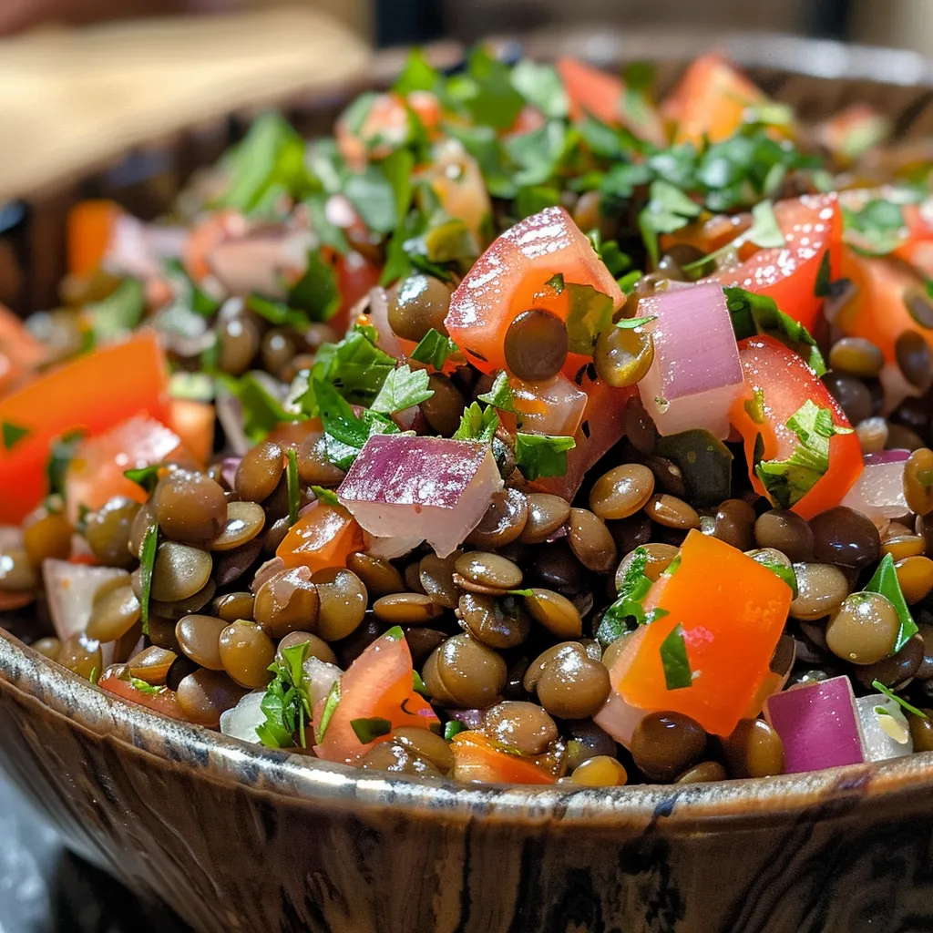 Side view of a fresh, cold lentil salad filled with various veggies.