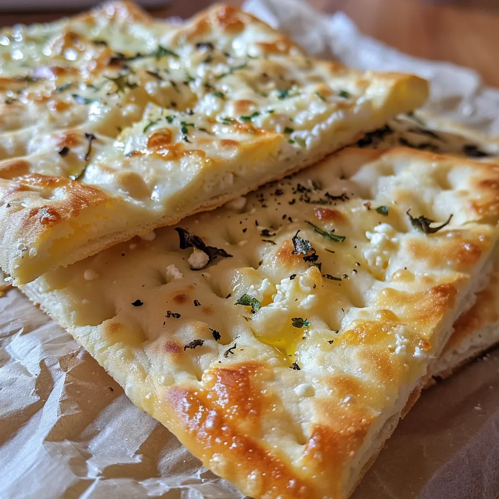 Side view of a fluffy cottage cheese flatbread on a wooden cutting board.