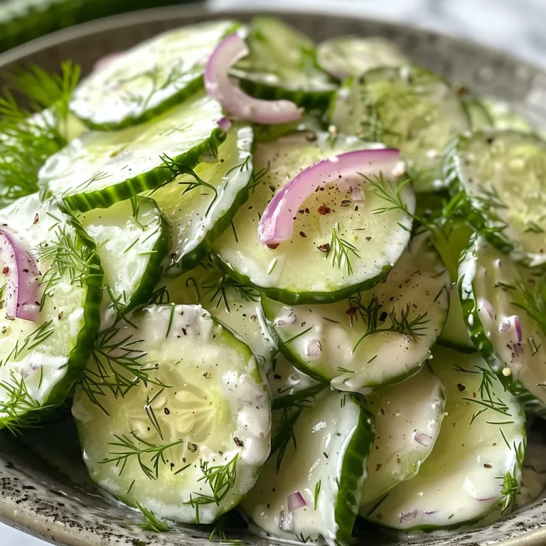 Close-up view of a creamy cucumber dill salad with fresh ingredients.