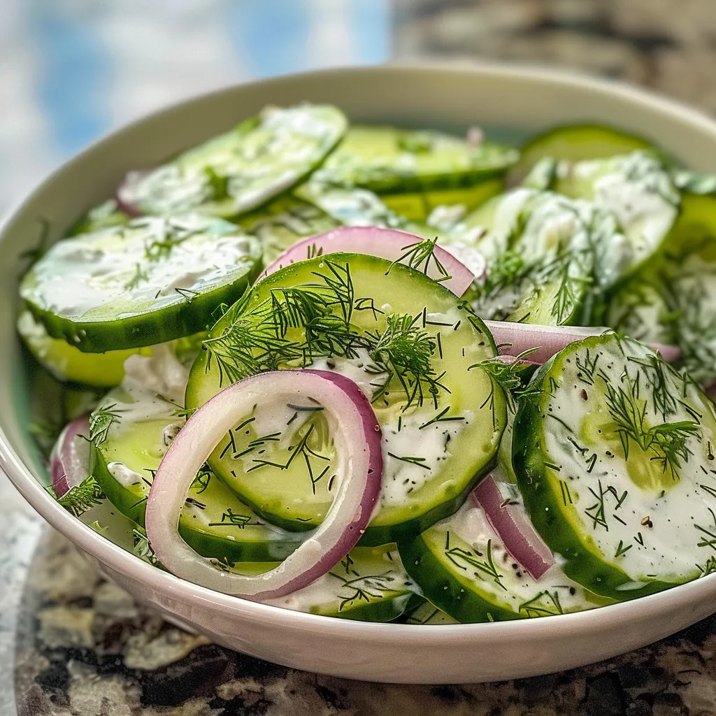 Side view of a bowl filled with creamy cucumber dill salad featuring sliced cucumbers and herbs.