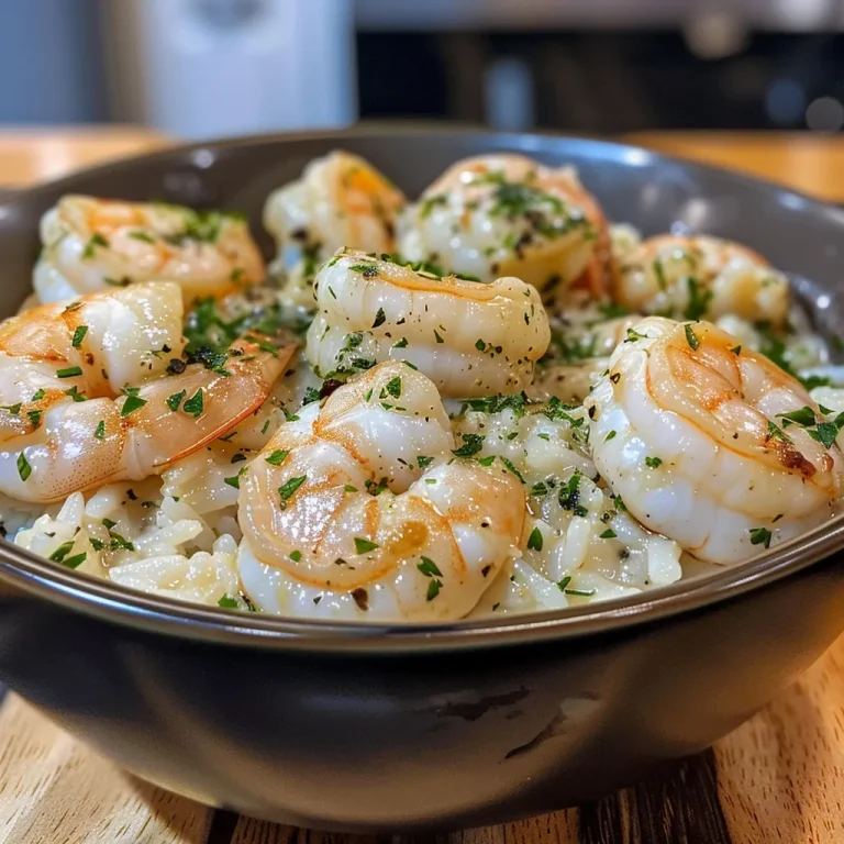 Close-up view of a creamy garlic butter shrimp bowl garnished with fresh herbs.