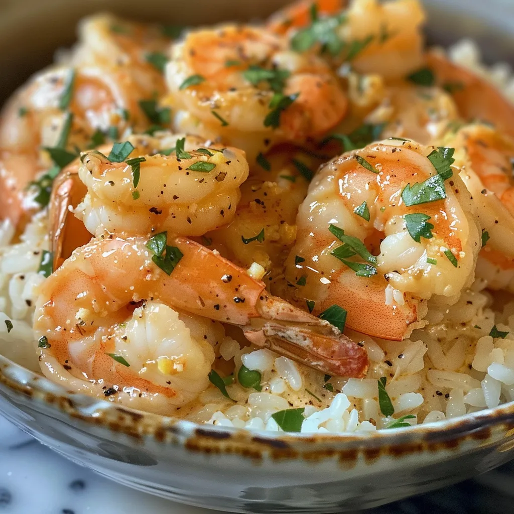 Delicious shrimp served in a bowl with creamy sauce and rice.