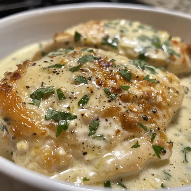 Close-up view of creamy garlic chicken with a sauce and herbs.