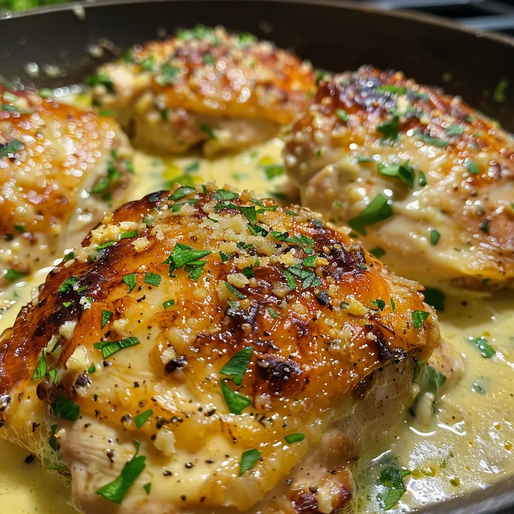 A plated dish of juicy creamy garlic chicken garnished with herbs.
