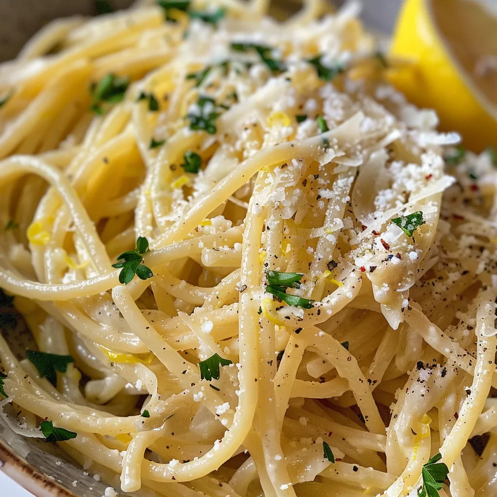 Close-up of creamy garlic lemon pasta with a sprinkle of parsley.