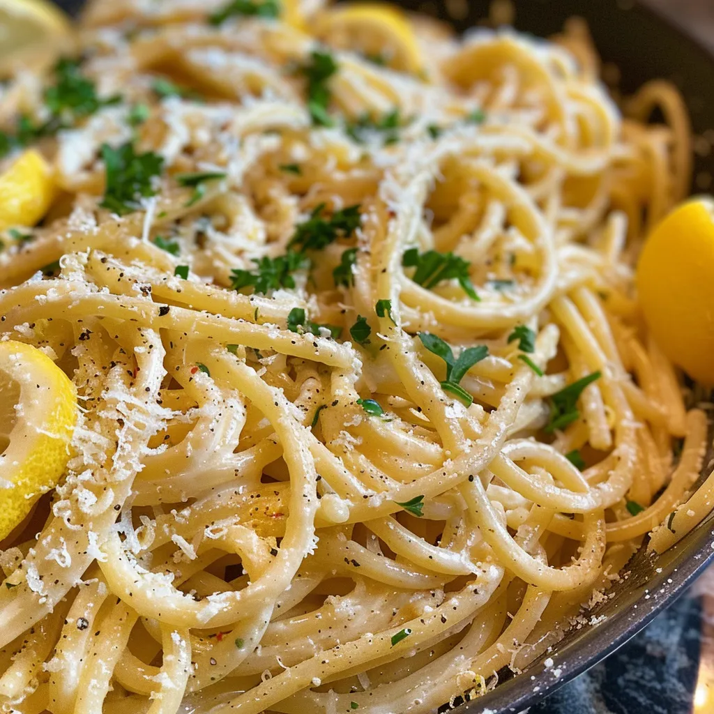 Side view of a bowl filled with luscious garlic lemon pasta.