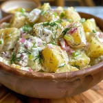 Creamy potato salad with Yukon Gold potatoes and colorful vegetables in a bowl.