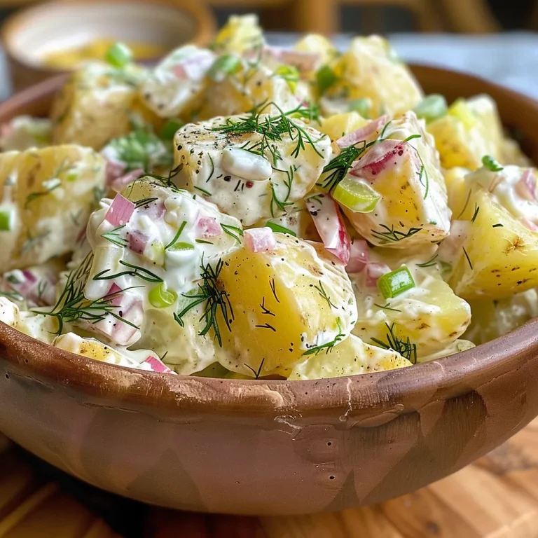 Creamy potato salad with Yukon Gold potatoes and colorful vegetables in a bowl.