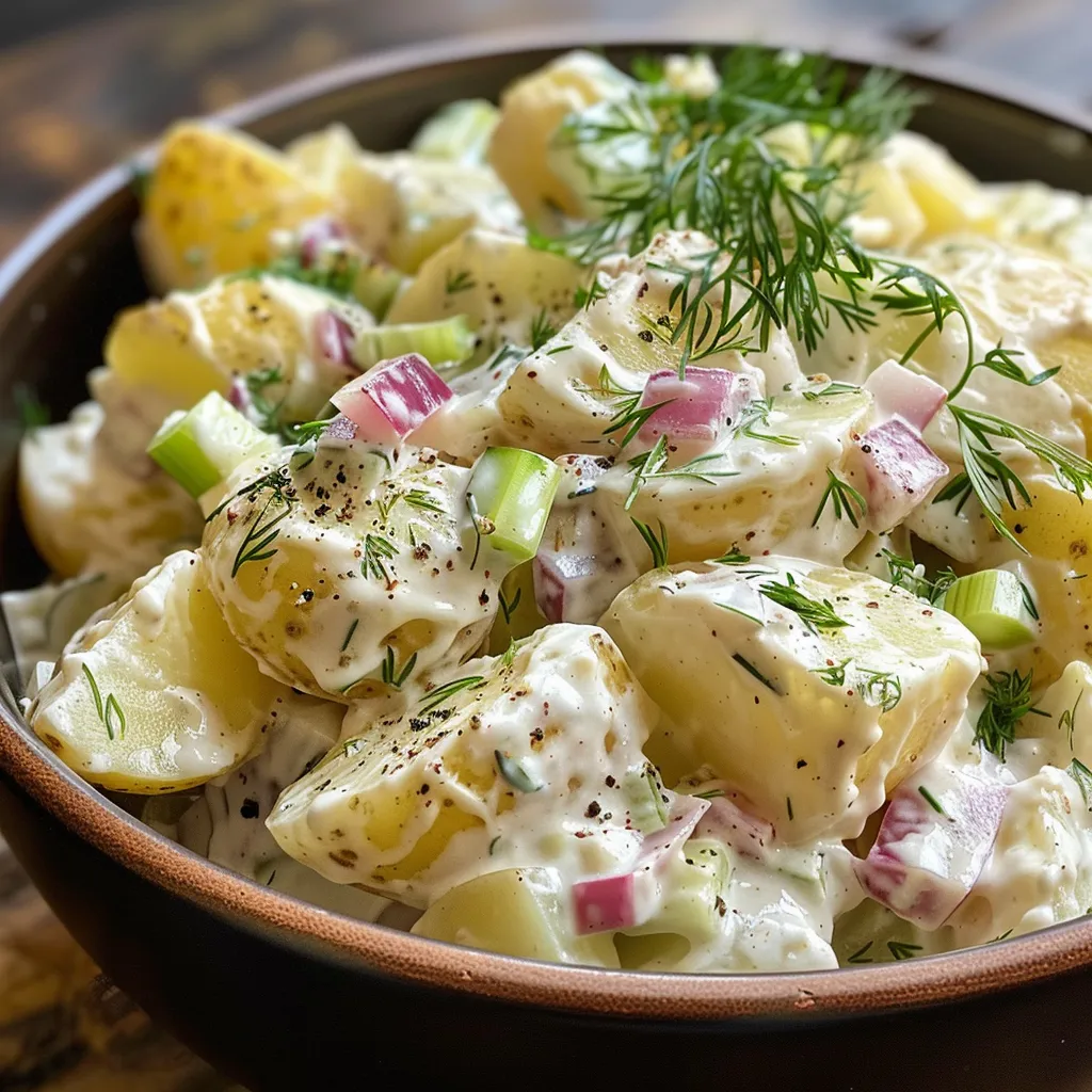 Close-up of a creamy potato salad, highlighting diced potatoes and fresh herbs.