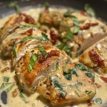 Close-up view of a plate featuring creamy Tuscan garlic chicken with spinach and sun-dried tomatoes.
