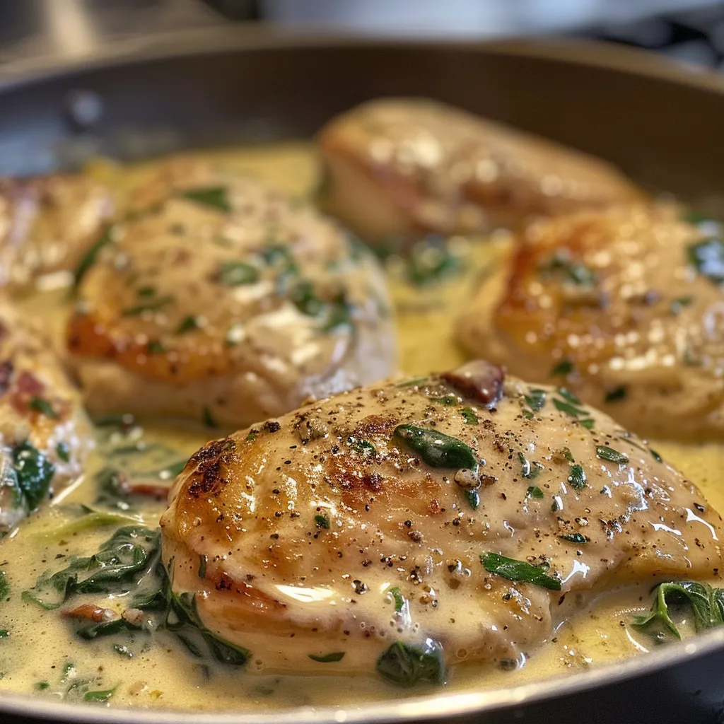 Juicy, golden-brown chicken breast coated in creamy sauce, garnished with spinach and tomatoes.
