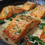 Close-up of juicy salmon fillets in a creamy sauce with spinach and sun-dried tomatoes.