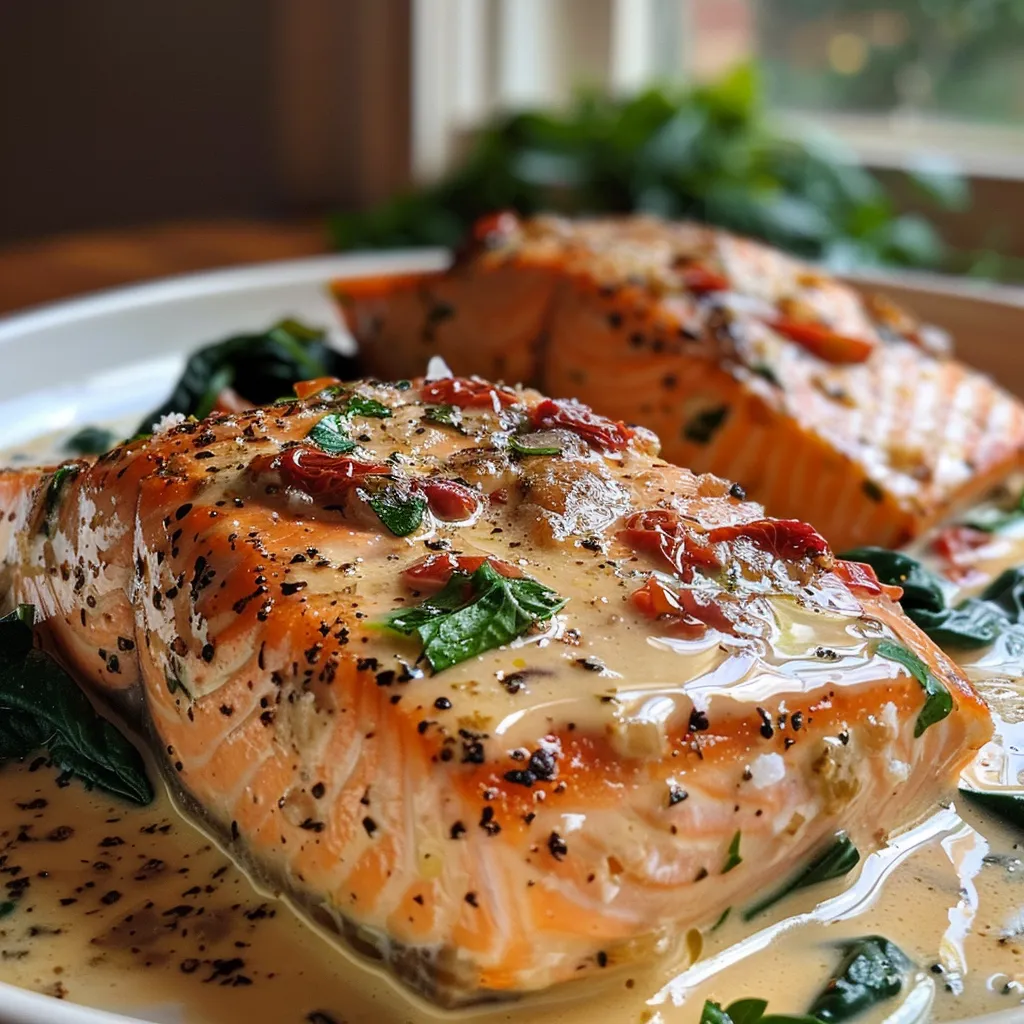Side view of a skillet showcasing creamy Tuscan salmon garnished with parsley.