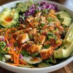 Close-up view of a crispy buffalo chicken salad with colorful ingredients, garnished with cilantro.