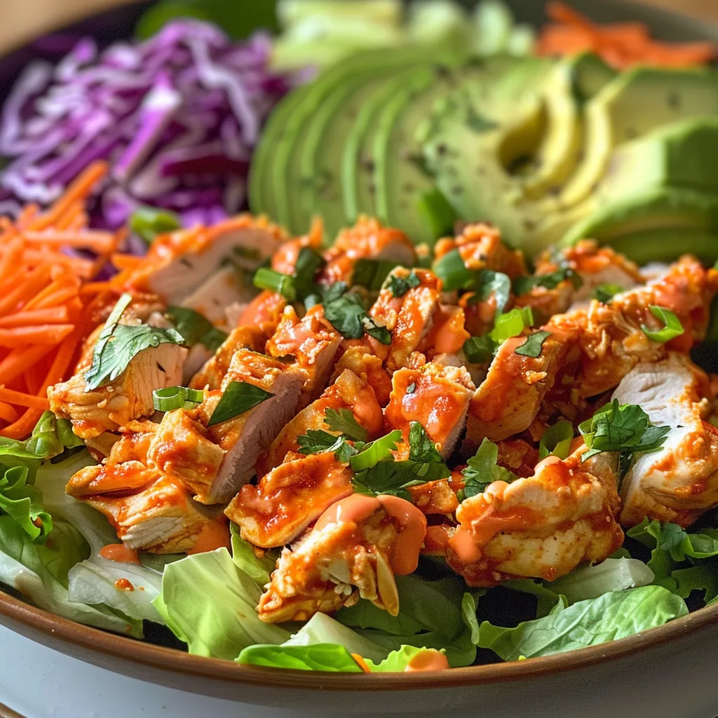 Side view of a delicious buffalo chicken salad featuring fresh greens and sliced avocado.