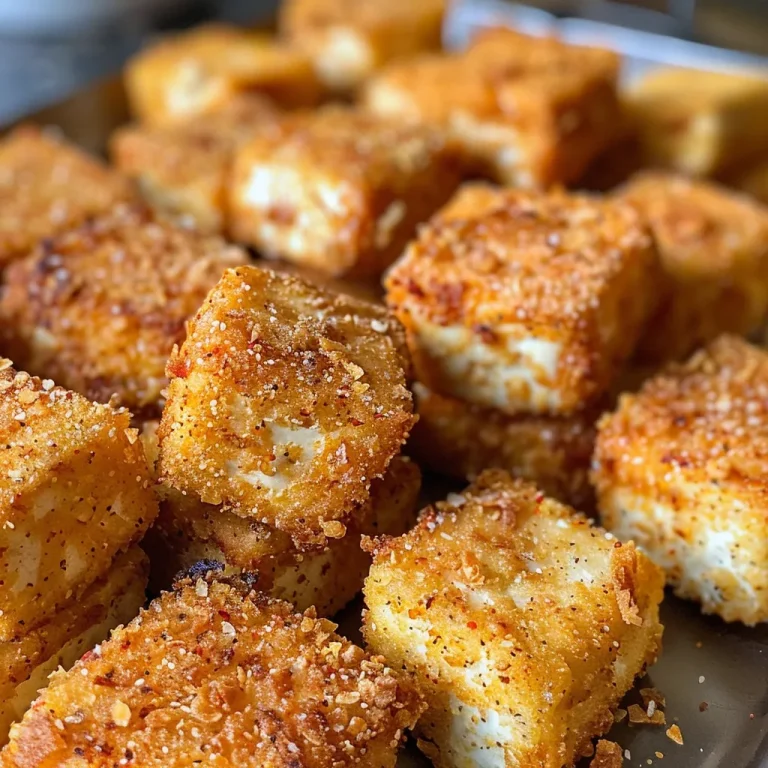 Close-up view of crispy, golden-brown tofu bites arranged on a plate.