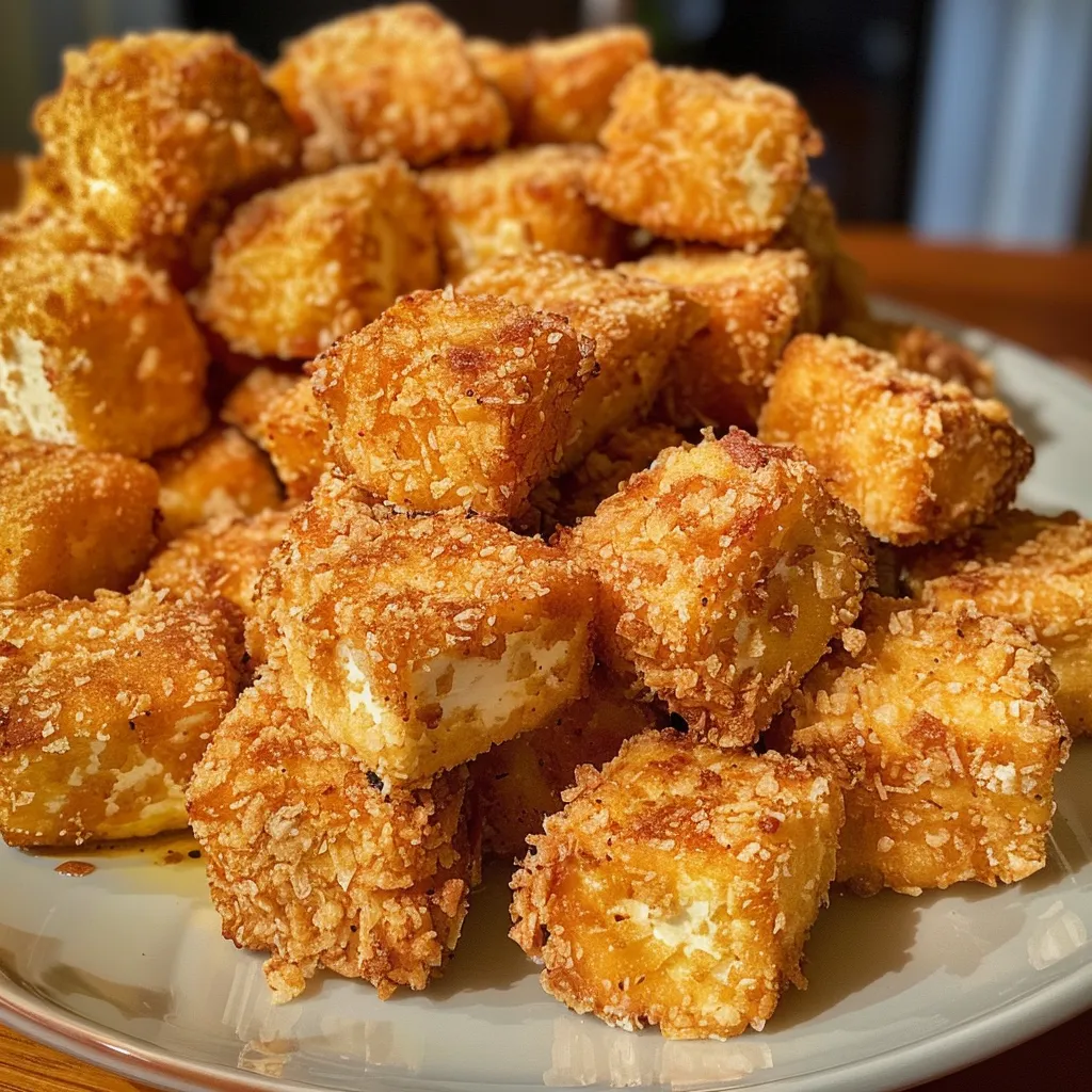 Side angle of juicy, triple-coated tofu bites with a crunchy exterior.