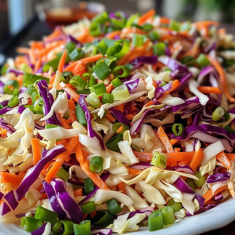 Close-up view of a vibrant Asian cabbage slaw with colorful carrots and green onions.