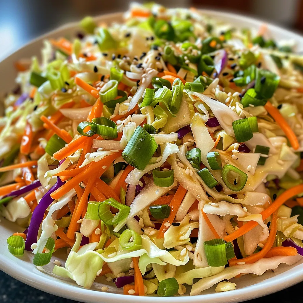Side view of crunchy Napa cabbage slaw drizzled with sesame dressing, showcasing fresh ingredients.