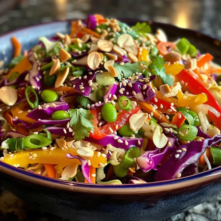 Close-up of a vibrant Asian rainbow salad with various colorful vegetables and a ginger dressing.